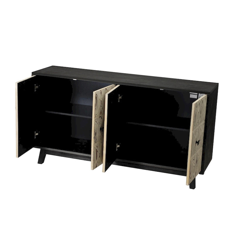 Buffet vintage 4 portes noir et blanc avec motifs de veines de bois sculptées en relief
