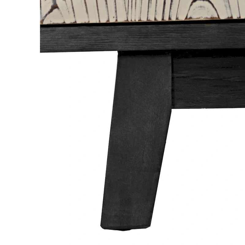 Buffet vintage 4 portes noir et blanc avec motifs de veines de bois sculptées en relief