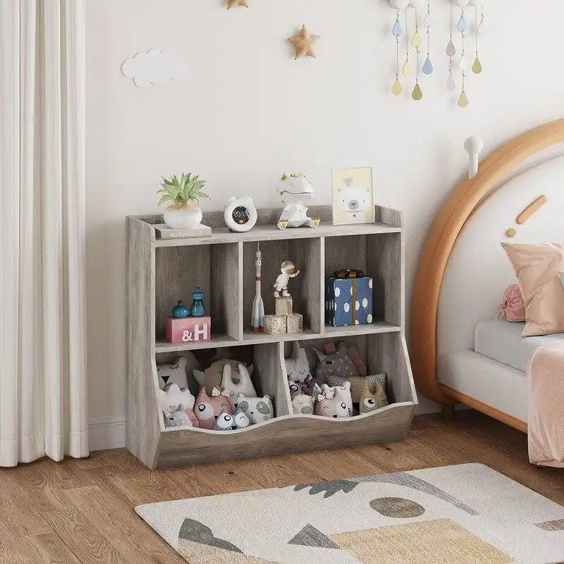 Meuble de rangement pour jouets d'enfants en bois gris avec 5 étagères ouvertes
