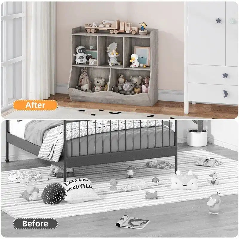Meuble de rangement pour jouets d'enfants en bois gris avec 5 étagères ouvertes
