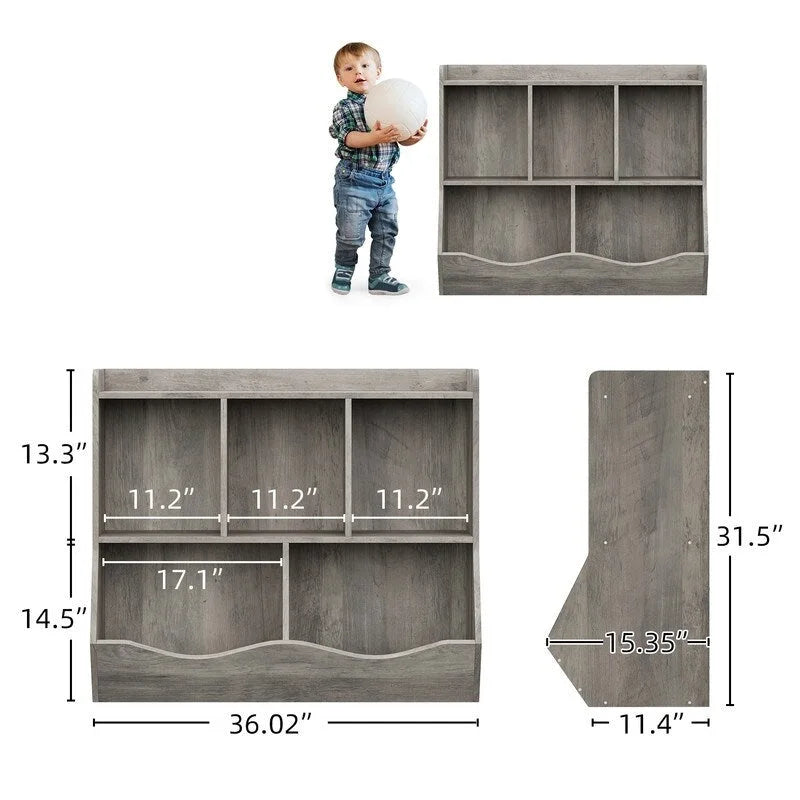 Meuble de rangement pour jouets d'enfants en bois gris avec 5 étagères ouvertes