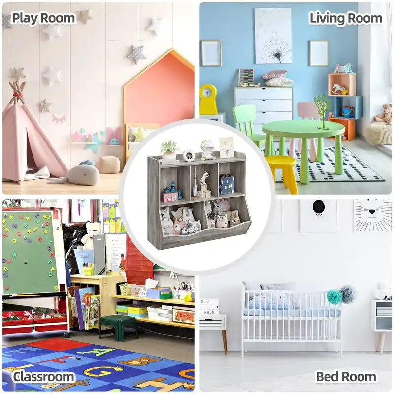 Meuble de rangement pour jouets d'enfants en bois gris avec 5 étagères ouvertes