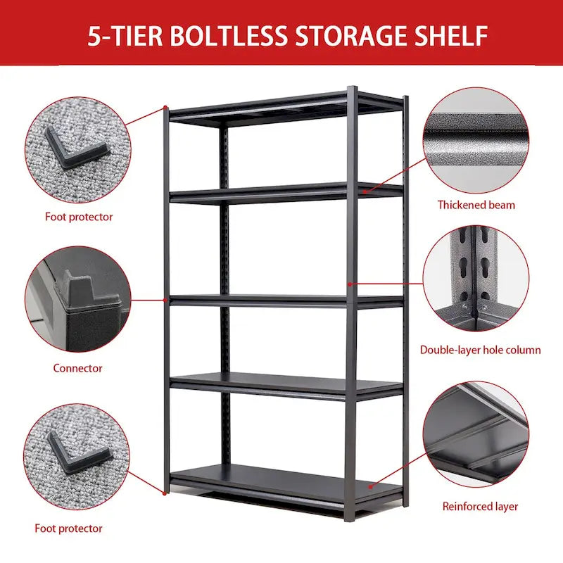 Étagère de rangement métallique robuste à 5 niveaux, réglable, en acier noir/gris