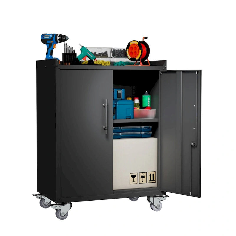 2 Door Tool Cabinets for Garage, Lockable Garage Storage Cabinet, Locking Metal Storage Cabinet with Wheels