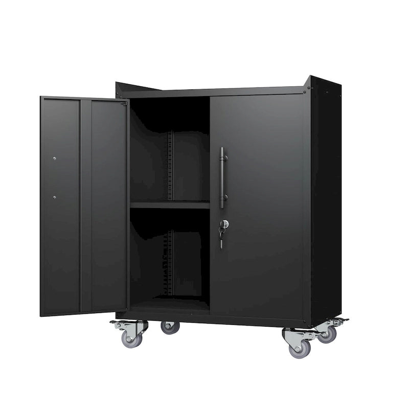 Meuble de Rangement Métallique Noir Roulant avec Portes Verrouillables et Étagères Réglables