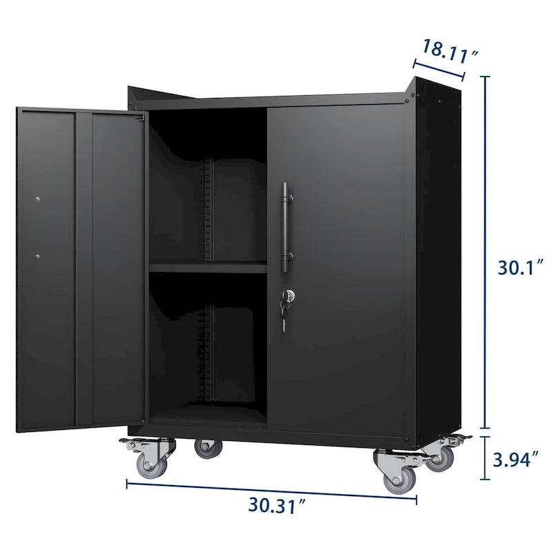 Meuble de Rangement Métallique Noir Roulant avec Portes Verrouillables et Étagères Réglables