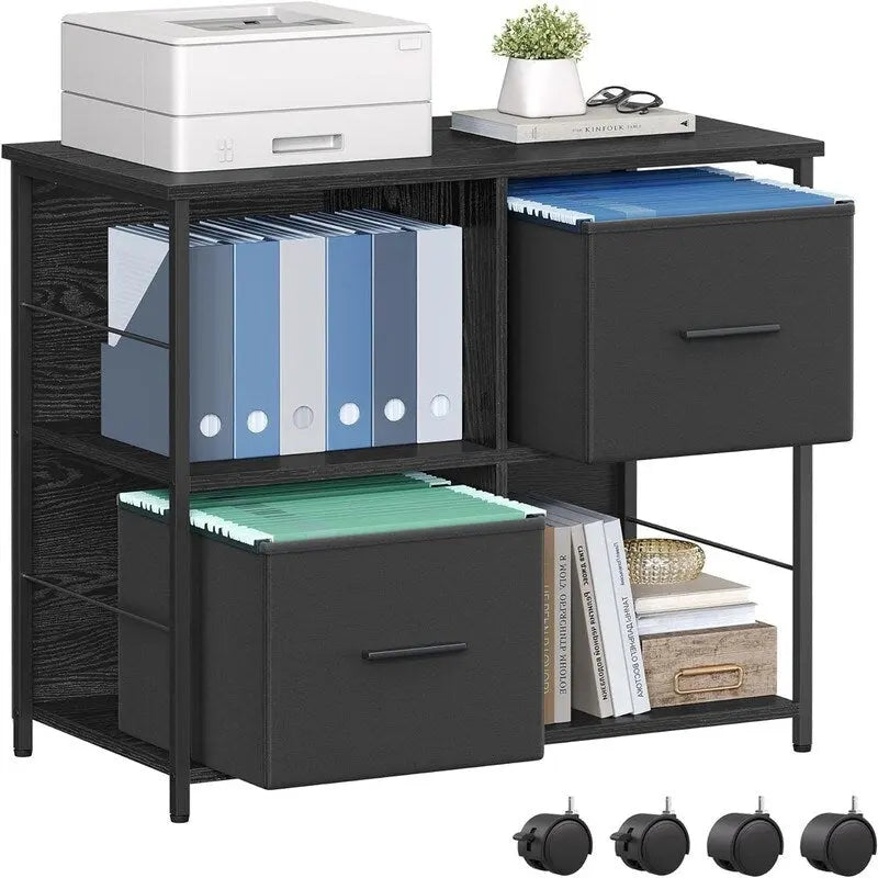 Meuble de rangement mobile avec 2 tiroirs en tissu et étagères ouvertes, marron rustique