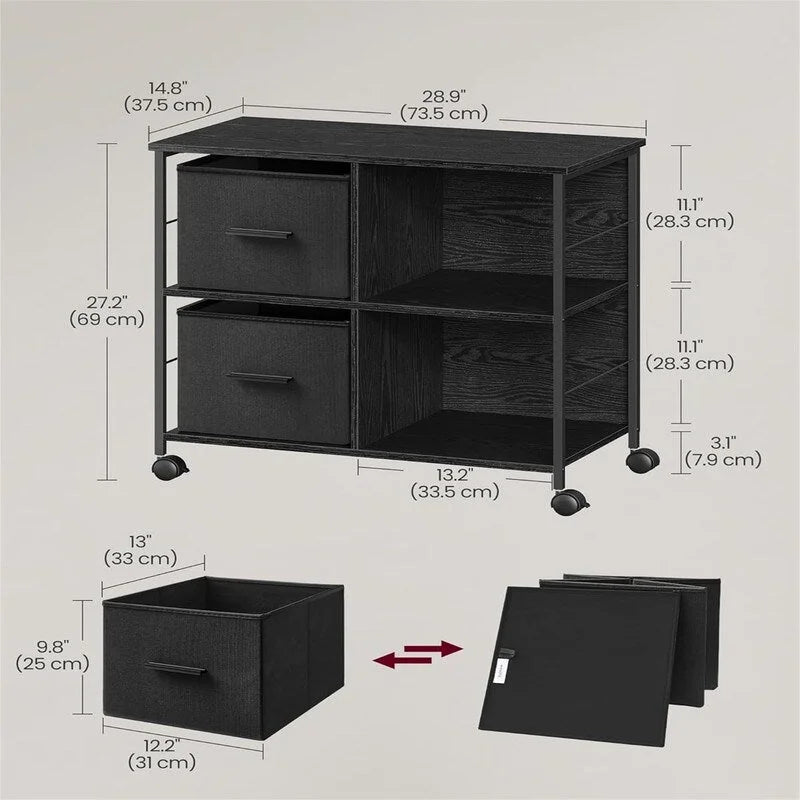 Meuble de rangement mobile avec 2 tiroirs en tissu et étagères ouvertes, marron rustique