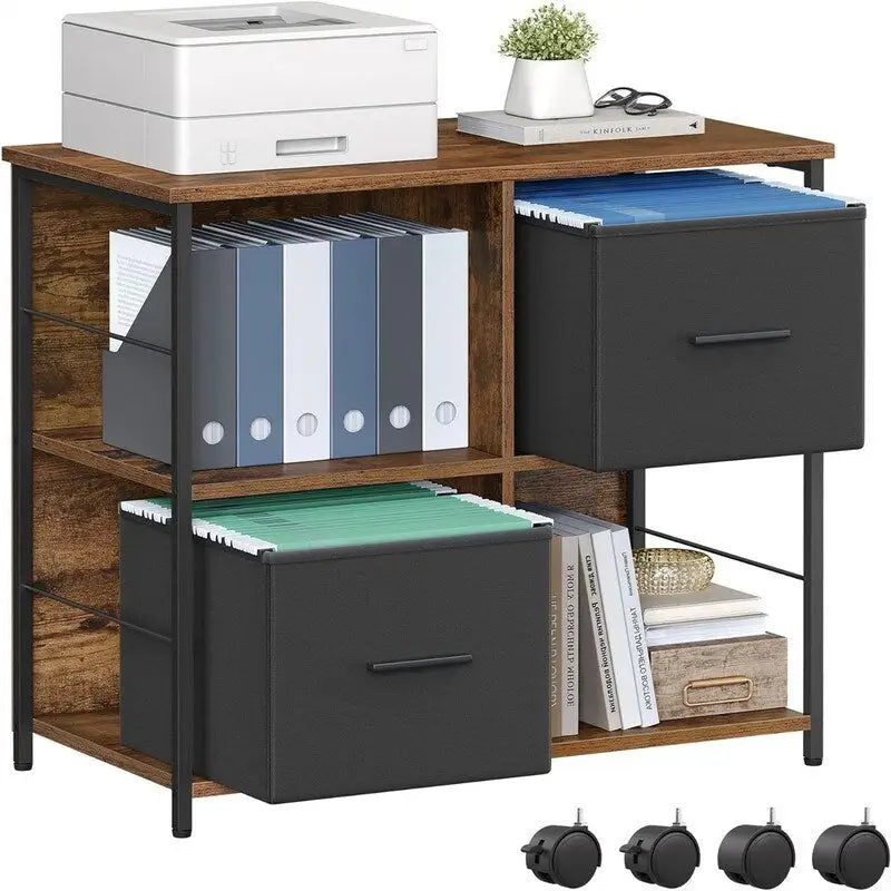 Meuble de rangement mobile avec 2 tiroirs en tissu et étagères ouvertes, marron rustique