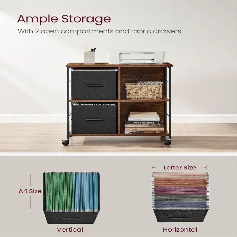 Meuble de rangement mobile avec 2 tiroirs en tissu et étagères ouvertes, marron rustique