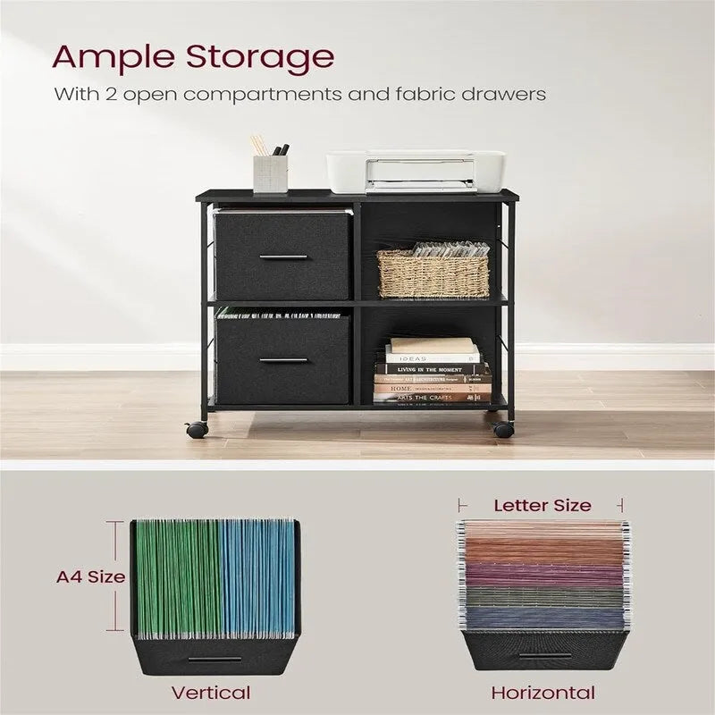 Meuble de rangement mobile avec 2 tiroirs en tissu et étagères ouvertes, marron rustique
