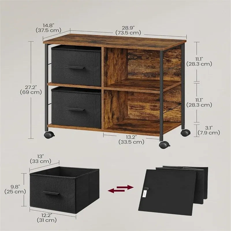 Meuble de rangement mobile avec 2 tiroirs en tissu et étagères ouvertes, marron rustique