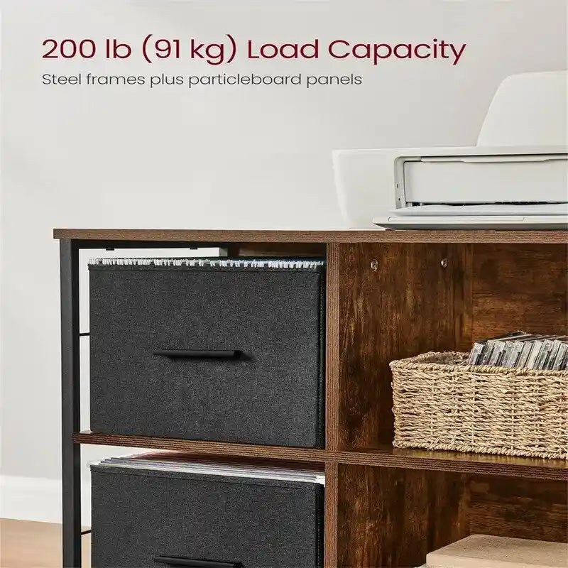 Meuble de rangement mobile avec 2 tiroirs en tissu et étagères ouvertes, marron rustique