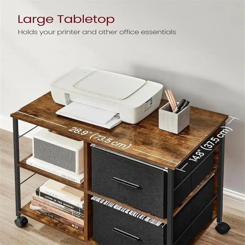 Meuble de rangement mobile avec 2 tiroirs en tissu et étagères ouvertes, marron rustique