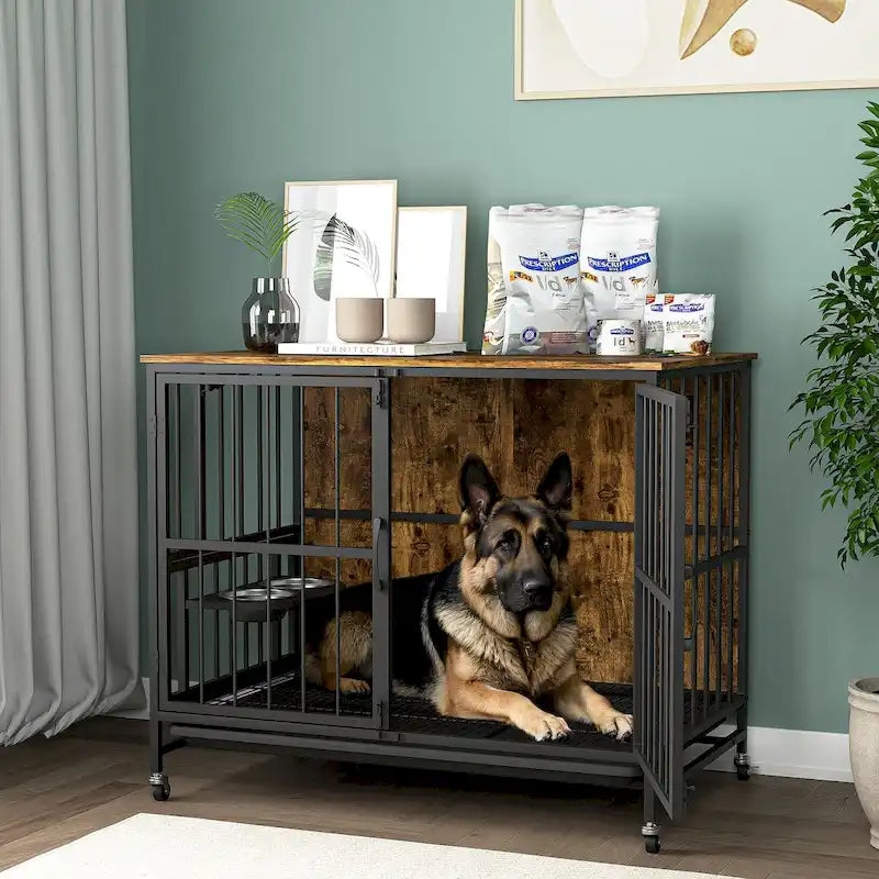 Meuble de caisse pour chien robuste avec plateau pliant, deux portes, plateau amovible, gamelles en acier inoxydable, roulettes, marron antique