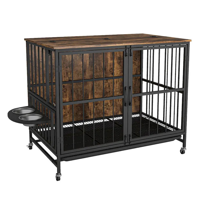 Meuble de caisse pour chien robuste avec plateau pliant, deux portes, plateau amovible, gamelles en acier inoxydable, roulettes, marron antique