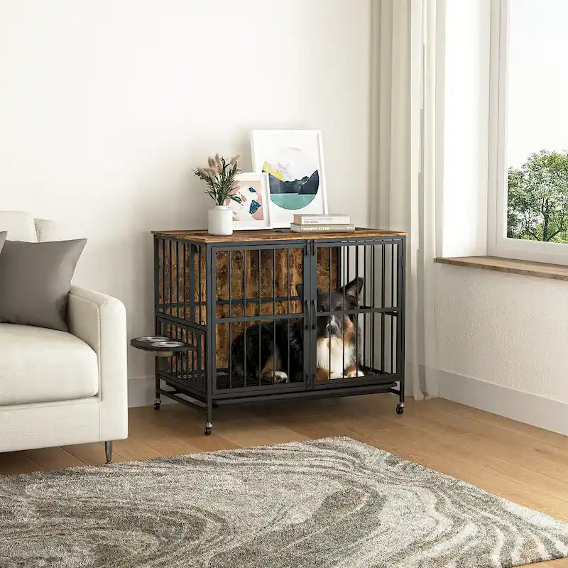 Meuble de caisse pour chien robuste avec plateau pliant, deux portes, plateau amovible, gamelles en acier inoxydable, roulettes, marron antique