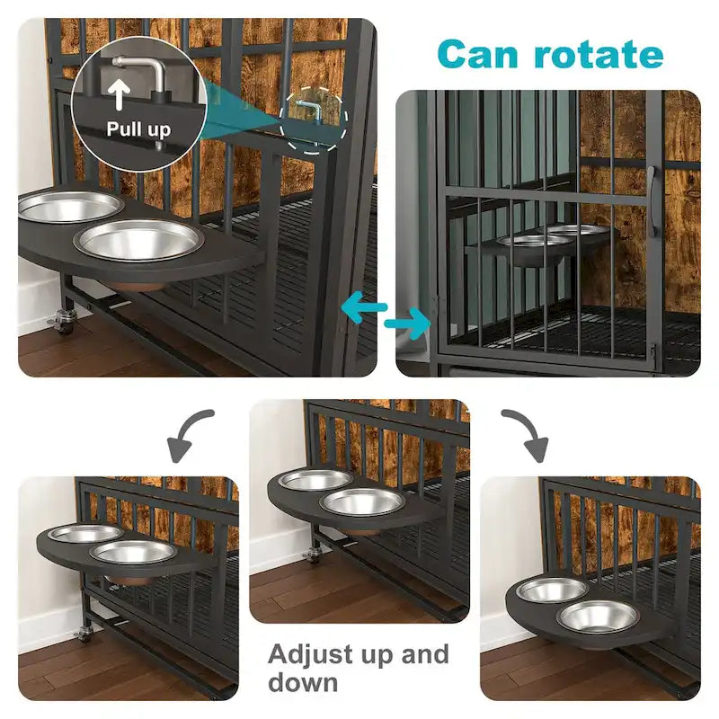Meuble de caisse pour chien robuste avec plateau pliant, deux portes, plateau amovible, gamelles en acier inoxydable, roulettes, marron antique