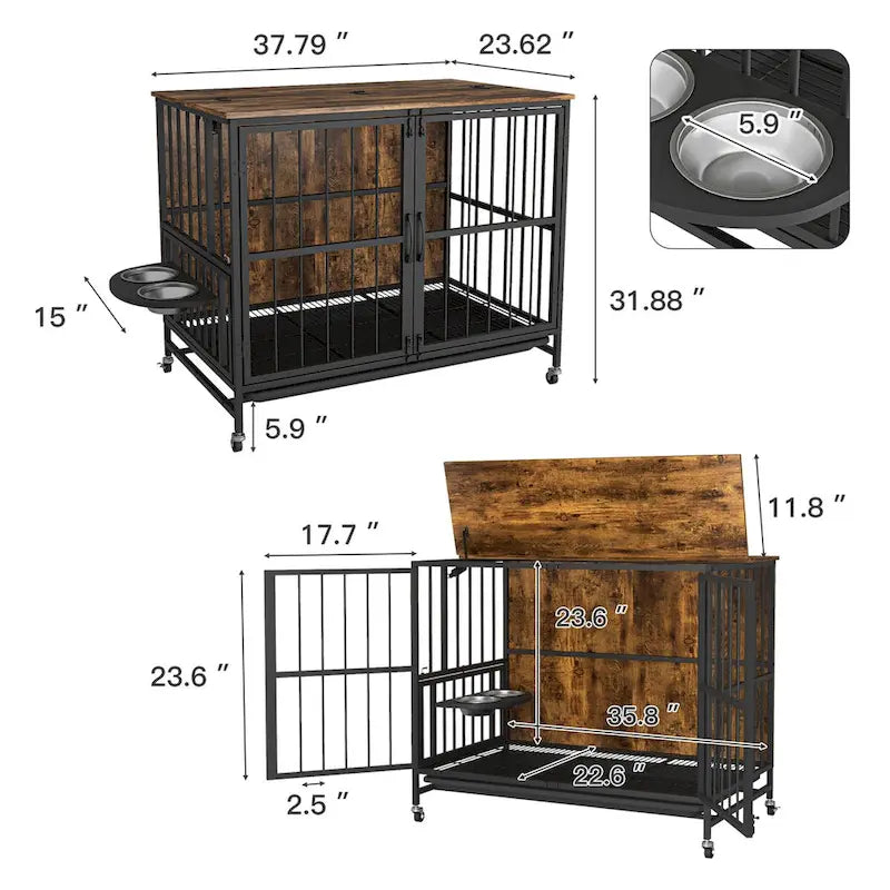 Meuble de caisse pour chien robuste avec plateau pliant, deux portes, plateau amovible, gamelles en acier inoxydable, roulettes, marron antique
