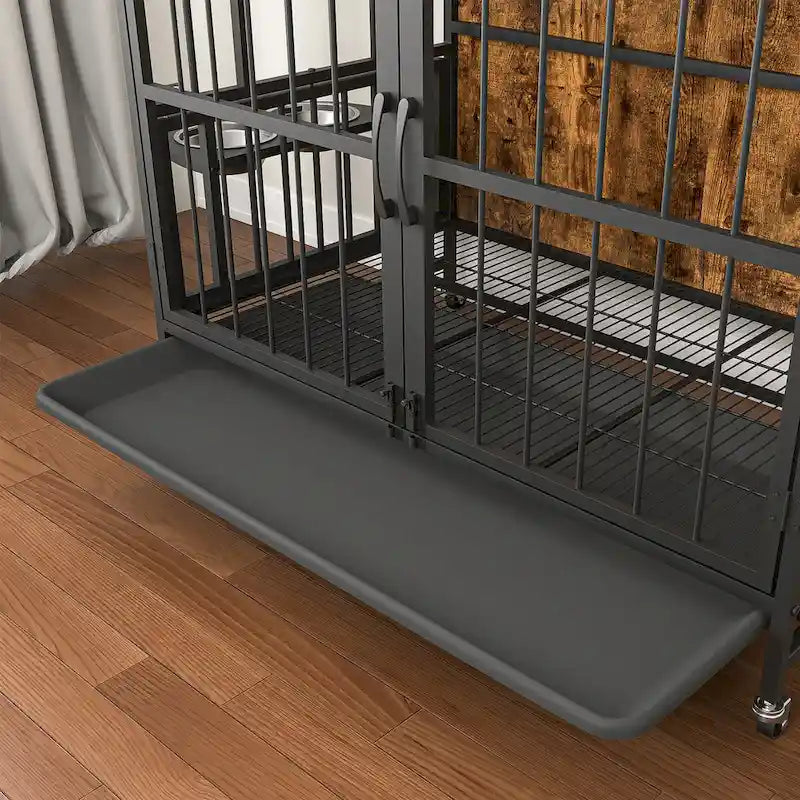 Meuble de caisse pour chien robuste avec plateau pliant, deux portes, plateau amovible, gamelles en acier inoxydable, roulettes, marron antique
