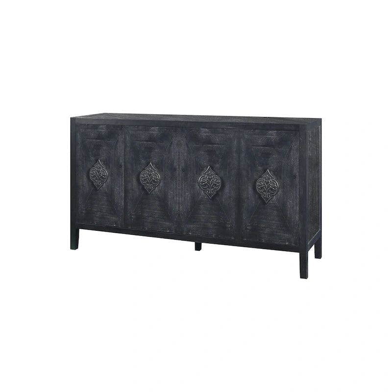 Bahut ancien sculpté à 4 portes en noir et marron