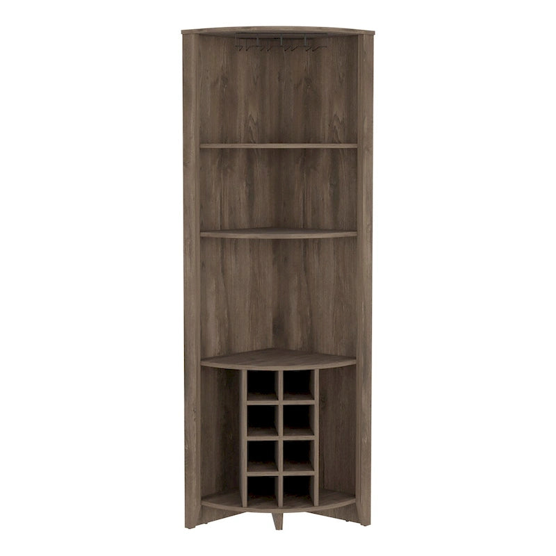 Meuble d'angle de bar en bois marron foncé avec casiers à vin, étagères ouvertes et range-verres.