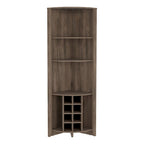Meuble d'angle de bar en bois marron foncé avec casiers à vin, étagères ouvertes et range-verres.