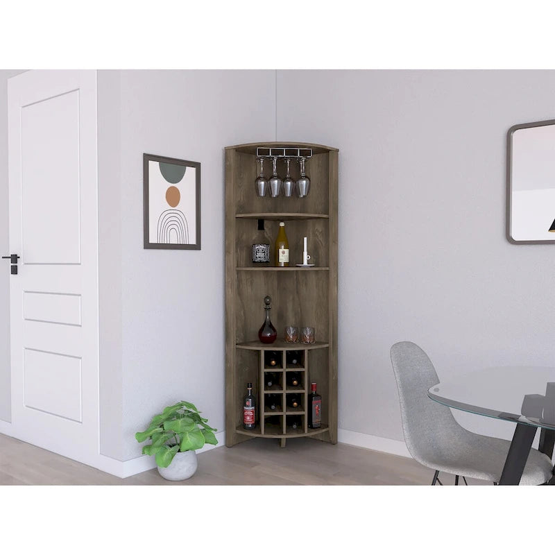 Meuble d'angle de bar en bois marron foncé avec casiers à vin, étagères ouvertes et range-verres.