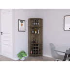 Meuble d'angle de bar en bois marron foncé avec casiers à vin, étagères ouvertes et range-verres.
