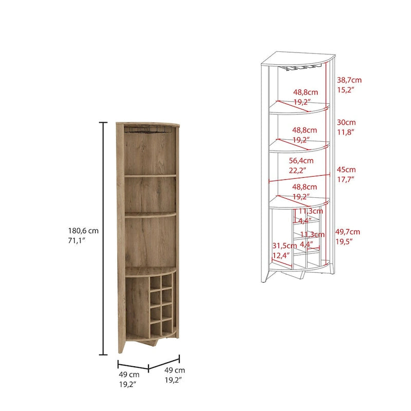 Meuble d'angle de bar en bois marron foncé avec casiers à vin, étagères ouvertes et range-verres.