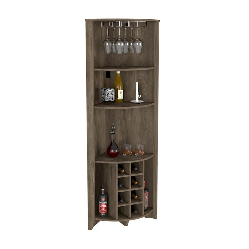 Meuble d'angle de bar en bois marron foncé avec casiers à vin, étagères ouvertes et range-verres.