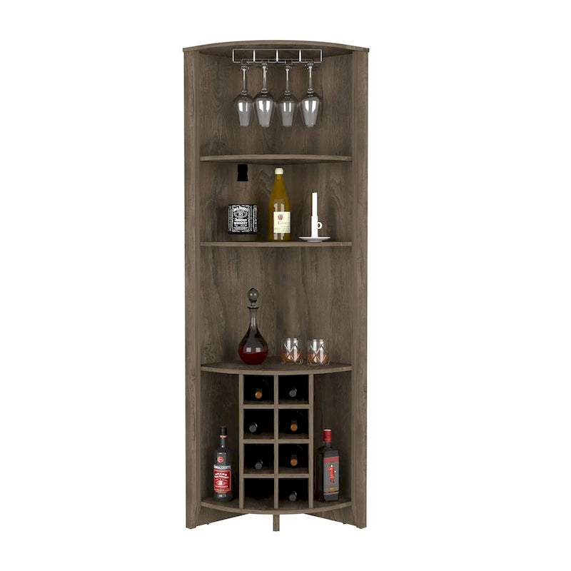 Meuble d'angle de bar en bois marron foncé avec casiers à vin, étagères ouvertes et range-verres.