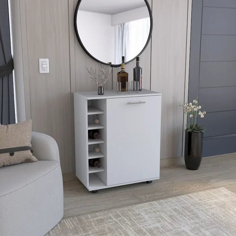 Desserte de bar roulante avec casier à vin, armoire à porte unique, finition blanche