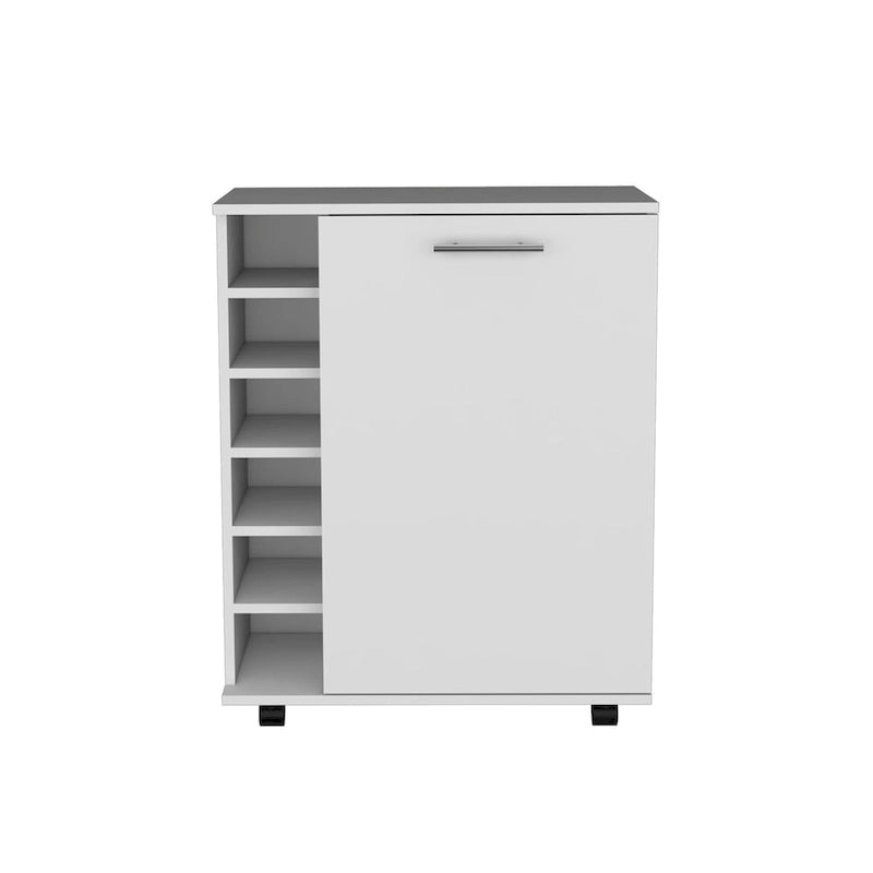 Desserte de bar roulante avec casier à vin, armoire à porte unique, finition blanche