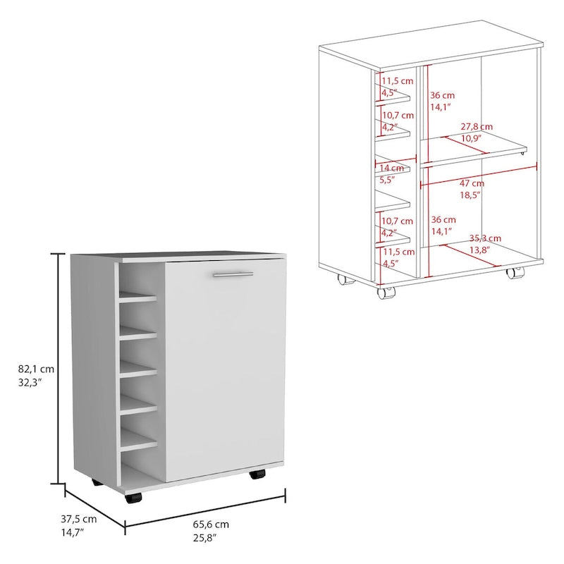 Desserte de bar roulante avec casier à vin, armoire à porte unique, finition blanche