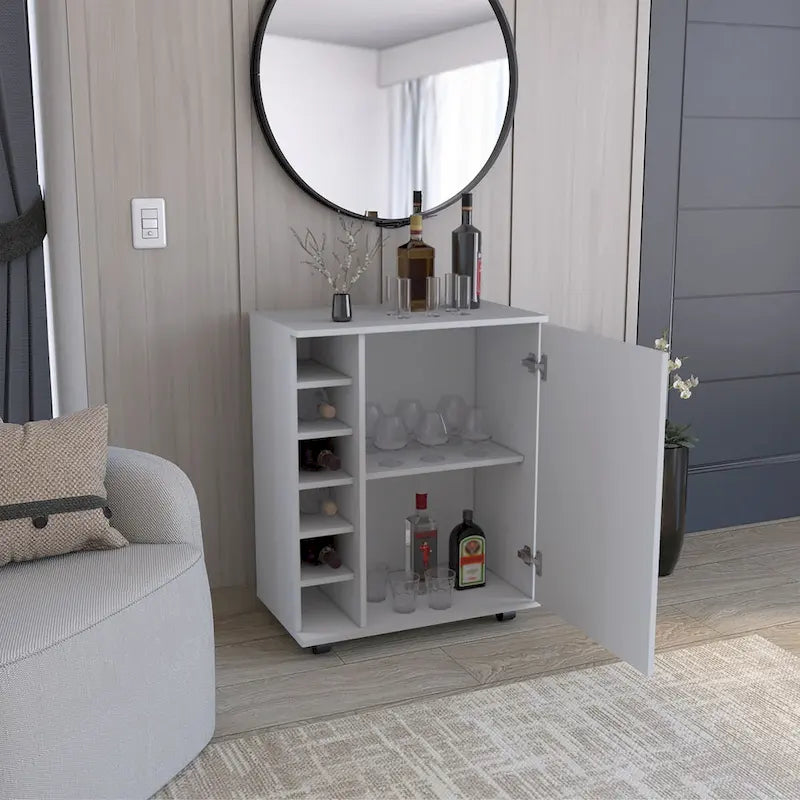 Desserte de bar roulante avec casier à vin, armoire à porte unique, finition blanche