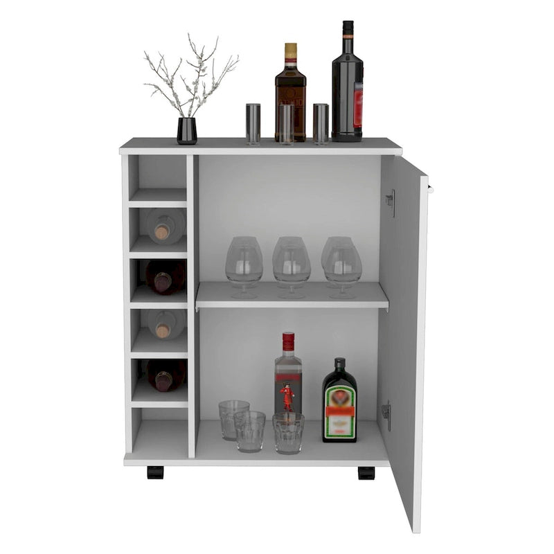 Desserte de bar roulante avec casier à vin, armoire à porte unique, finition blanche