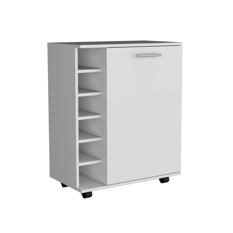 Desserte de bar roulante avec casier à vin, armoire à porte unique, finition blanche