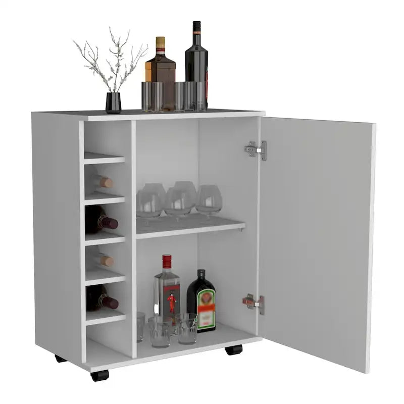 Desserte de bar roulante avec casier à vin, armoire à porte unique, finition blanche