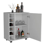 Desserte de bar roulante avec casier à vin, armoire à porte unique, finition blanche