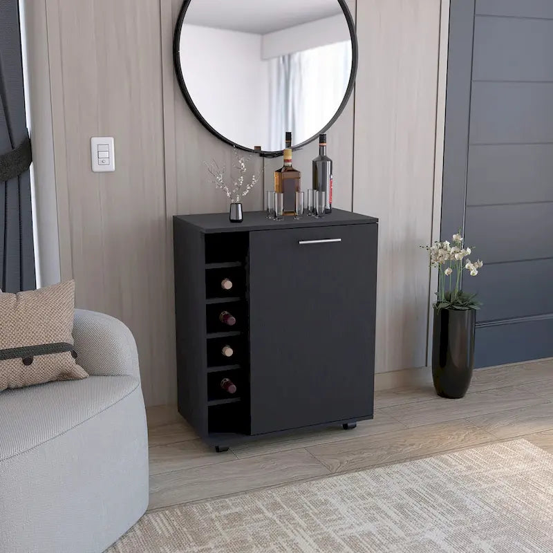 Desserte de bar roulante avec casier à vin, armoire à porte unique, finition blanche