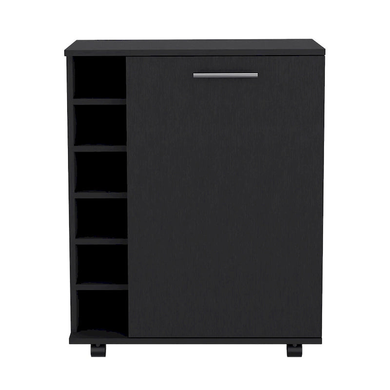 Desserte de bar roulante avec casier à vin, armoire à porte unique, finition blanche