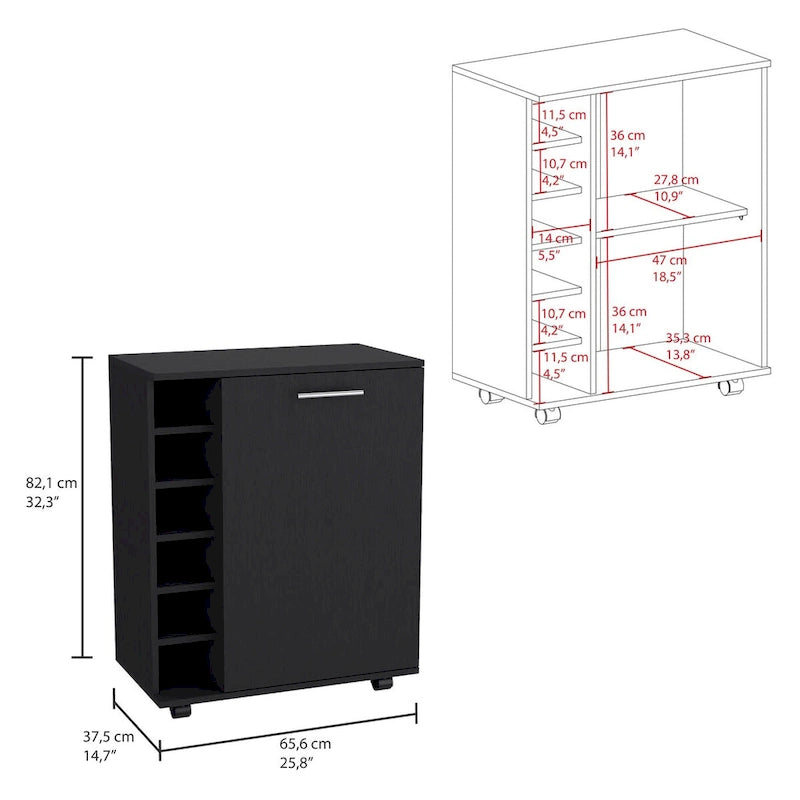 Desserte de bar roulante avec casier à vin, armoire à porte unique, finition blanche