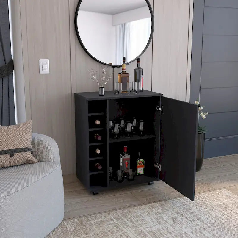 Desserte de bar roulante avec casier à vin, armoire à porte unique, finition blanche