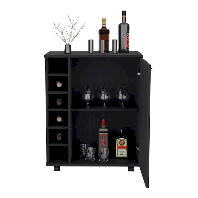 Desserte de bar roulante avec casier à vin, armoire à porte unique, finition blanche