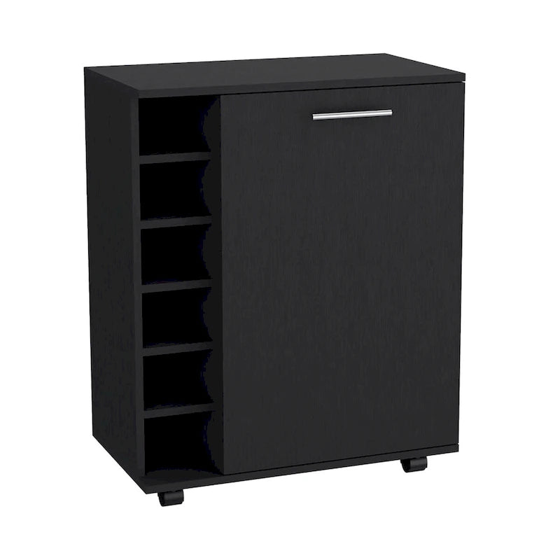 Desserte de bar roulante avec casier à vin, armoire à porte unique, finition blanche