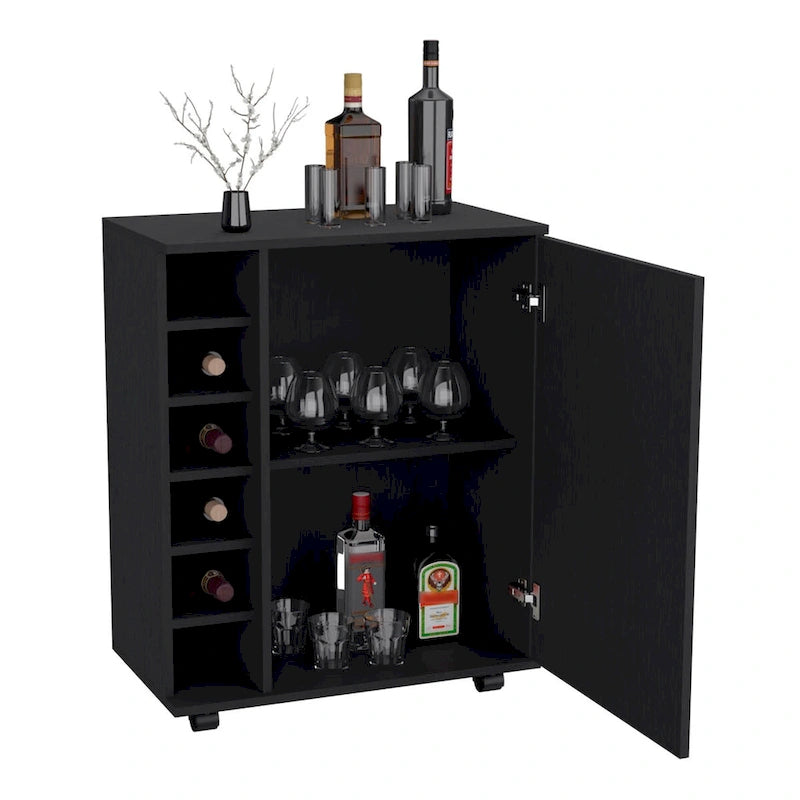 Desserte de bar roulante avec casier à vin, armoire à porte unique, finition blanche