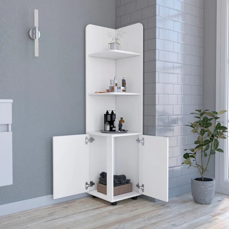 Meuble d'angle blanc autoportant avec 3 étagères ouvertes et un rangement à double porte
