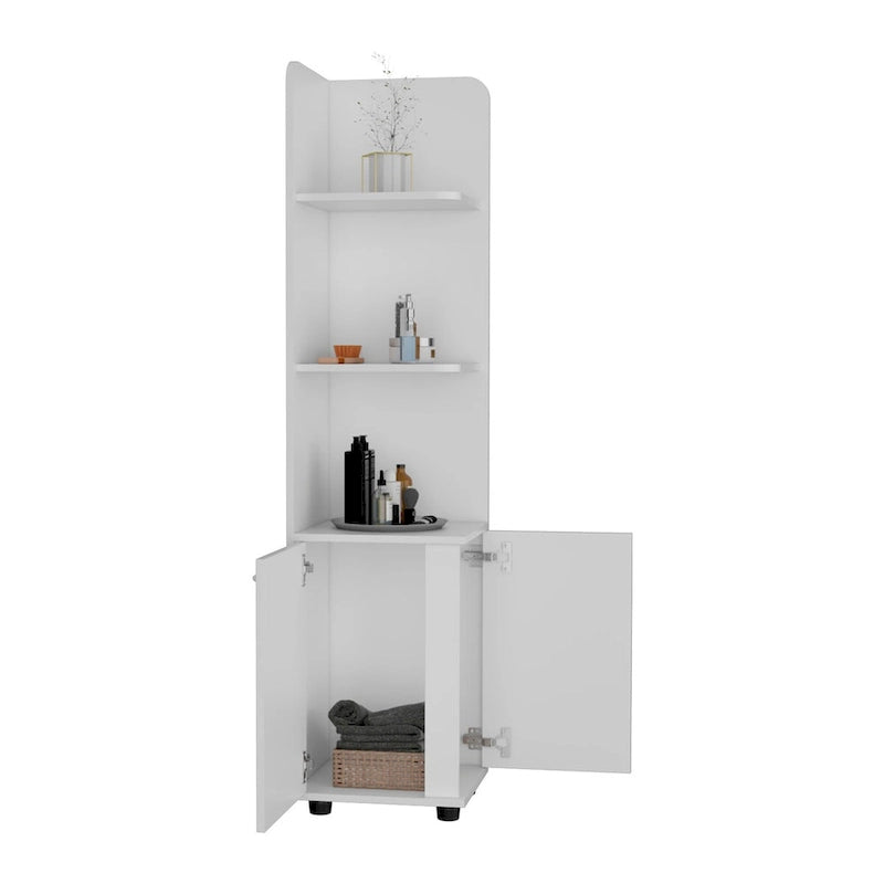 Meuble d'angle blanc autoportant avec 3 étagères ouvertes et un rangement à double porte