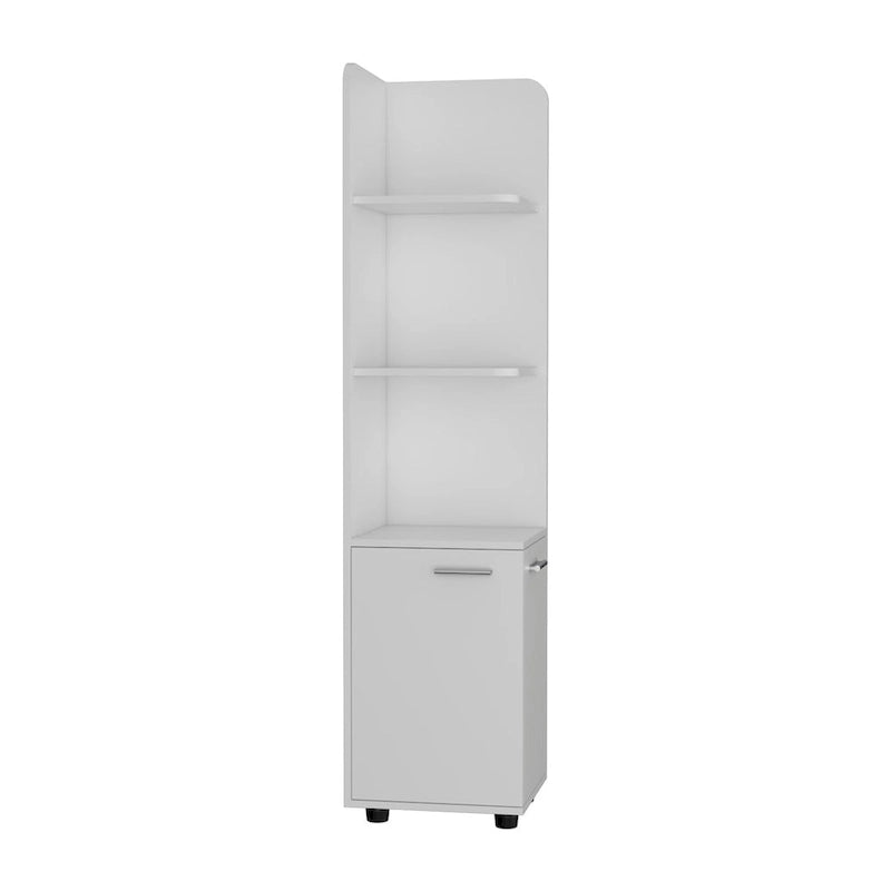 Meuble d'angle blanc autoportant avec 3 étagères ouvertes et un rangement à double porte